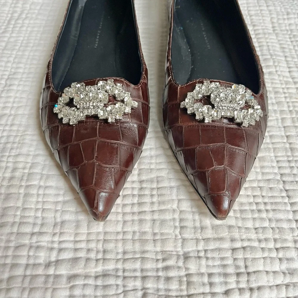 Giuseppe Zanotti Rhinestone Croc Leather Pointed Toe Ballet Flats 38.5